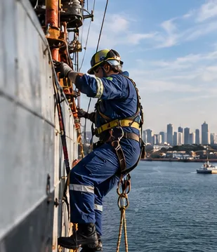 Técnico em acesso por corda no costado de um navio, sobre o mar