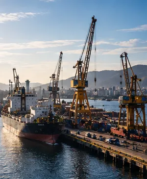 Navio atracado em cais com guindastes e morros ao fundo