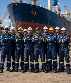 Equipe da Seven Seas perfilada no cais, diante de um navio