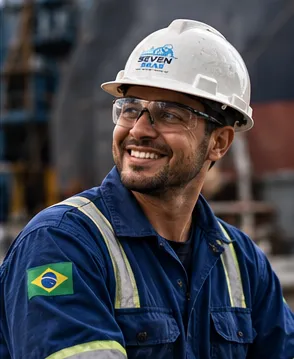 Técnico da Seven Seas sorrindo, com capacete e uniforme