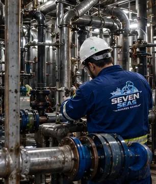 Técnico da Seven Seas trabalhando em uma linha de tubulação industrial