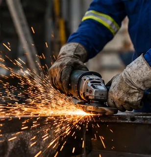 Técnico usando esmerilhadeira em peça metálica, com faíscas